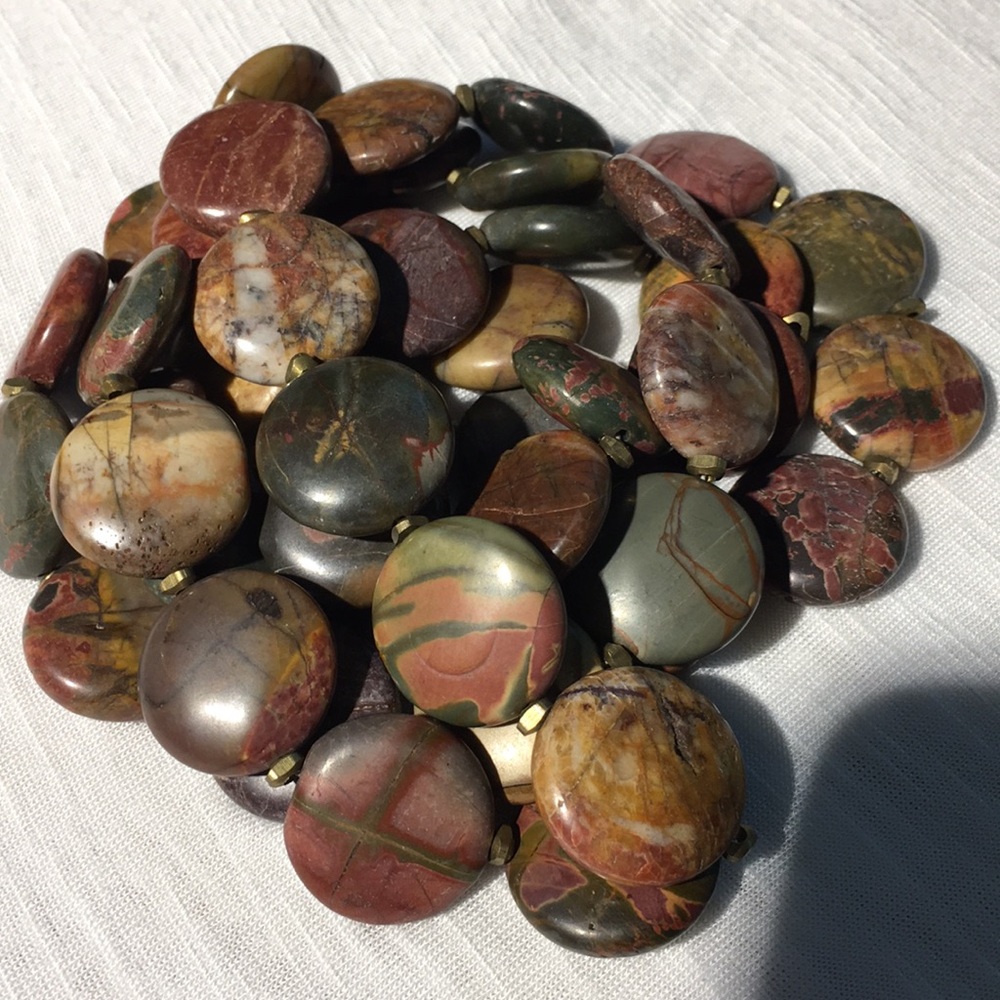 Painted rainbow jasper disk and bronze necklace